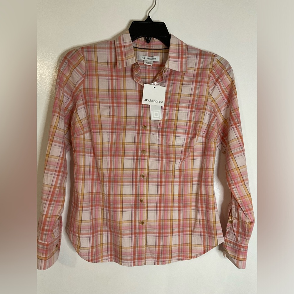 Liz Claiborne orange pink plaid button up shirt Size S